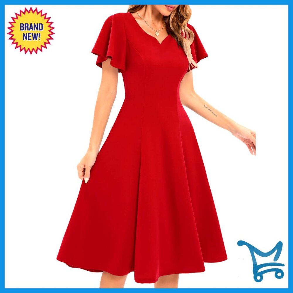 Vintage Fit Flare Cocktail Dress Short Sleeves Formal Tea Party Elegant